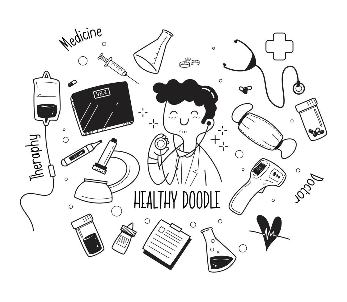 handgetekende dokter geneeskunde apotheek doodle set vector