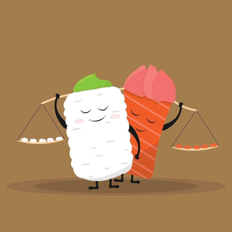 sushi vrienden of paar. schattig sushi tekenfilm karakter vector ontwerp. kawaii voedsel karakter ontwerp. tekenfilm Japans voedsel