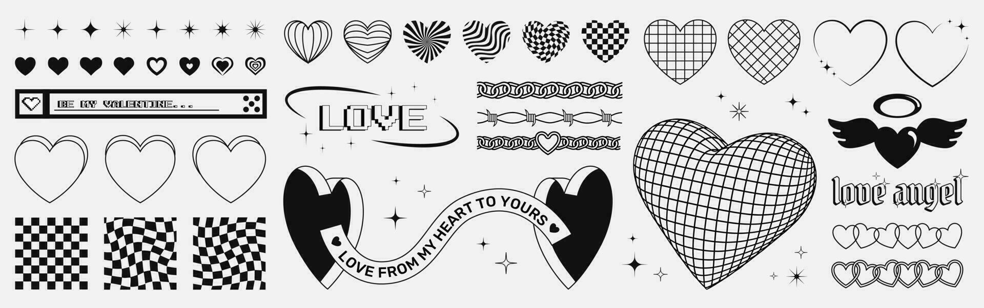 reeks van modieus Valentijnsdag dag y2k grafisch vormen, harten en sterren symbolen, lijsten, schaakborden, 3d hart en poorten. vector kunst.
