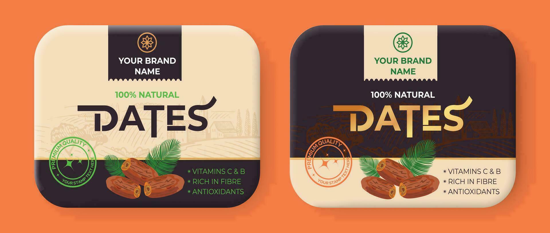 datums verpakking ontwerp, datums etiket ontwerp, datums doos ontwerp, droog fruit verpakking, premie etiket ontwerp vector