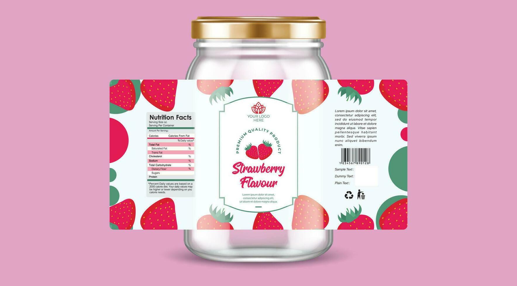 aardbei smaak etiket ontwerp, aardbei jam verpakking, fruit jam etiket ontwerp, aardbei smaak ijs room label, verpakking ontwerp, aardbei etiket met glas pot en gouden pet illustratie vector