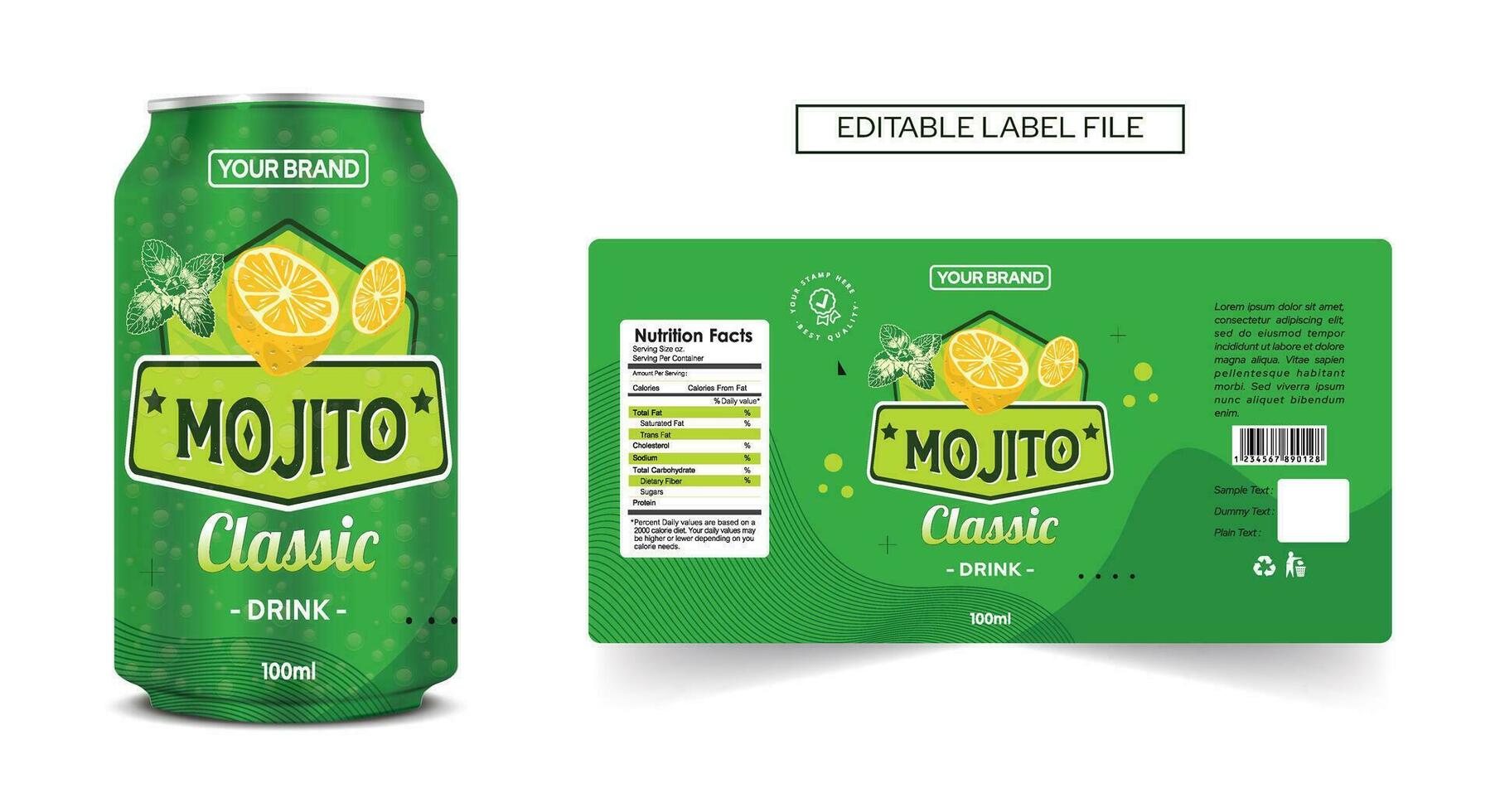 mojito drinken kan etiket ontwerp citroen pepermunt drinken label, cocktail etiket ontwerp. Frisdrank kan vector, energie drinken mocktail, zacht drinken etiket sjabloon bewerkbare vector mojito ontwerp