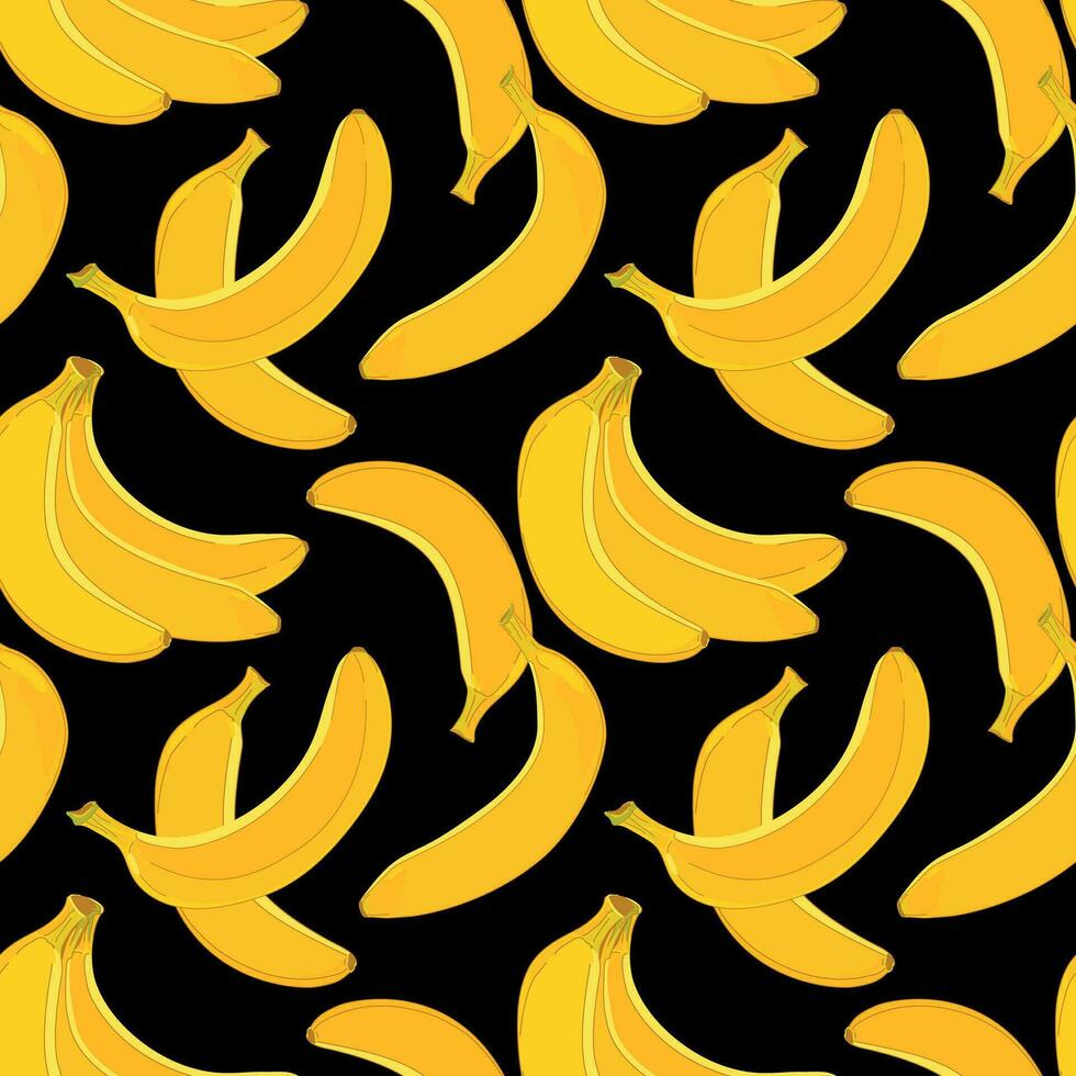 banaan naadloos patroon Aan zwart achtergrond. vector illustratie. ontwerp voor omhulsel papier, textiel, kleding stof. geel rijp exotisch fruit.