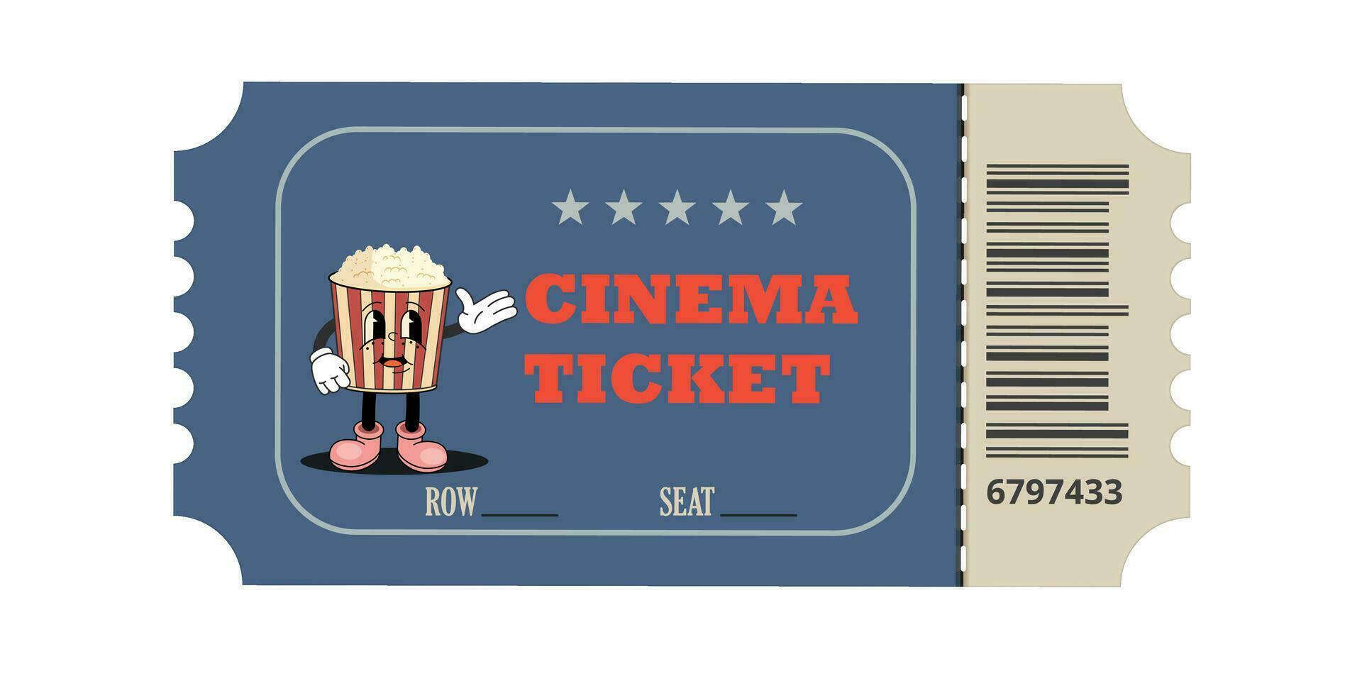 retro bioscoop ticket. groovy bioscoop ticket met schattig popcorn karakter. vector illustratie