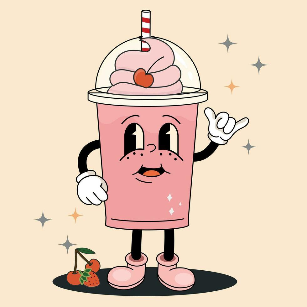 vector tekenfilm illustratie grappig milkshake met gezicht in groovy retro stijl met drankje. plein beeld van schattig melk schudden karakter met glimlach voor reclame of concept