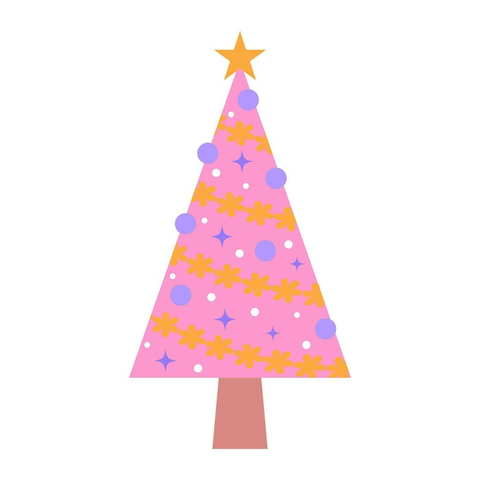 roze Kerstmis boom. schattig pastel versierd Kerstmis boom met kerstballen en guirlande. vector