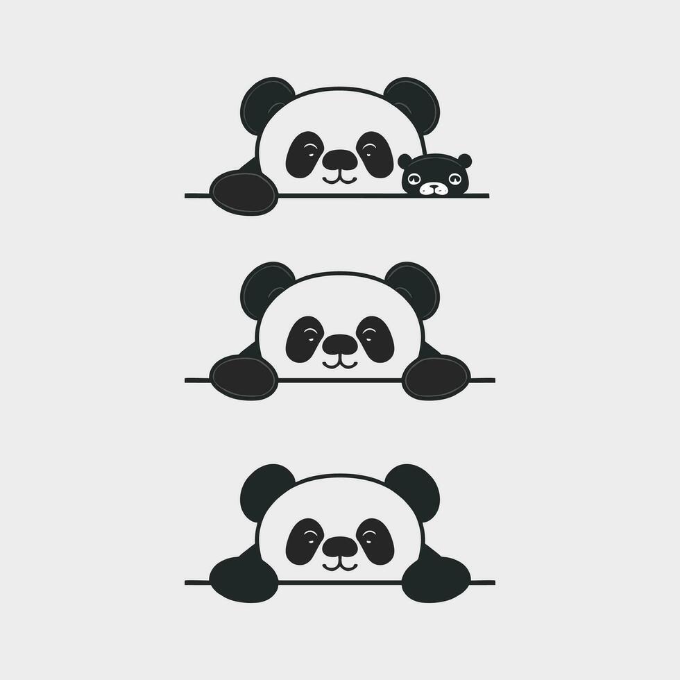 schattig panda kijkje of poten omhoog over- muur verzameling, panda gezicht tekenfilm icoon, vector illustratie, geïsoleerd zwart en wit