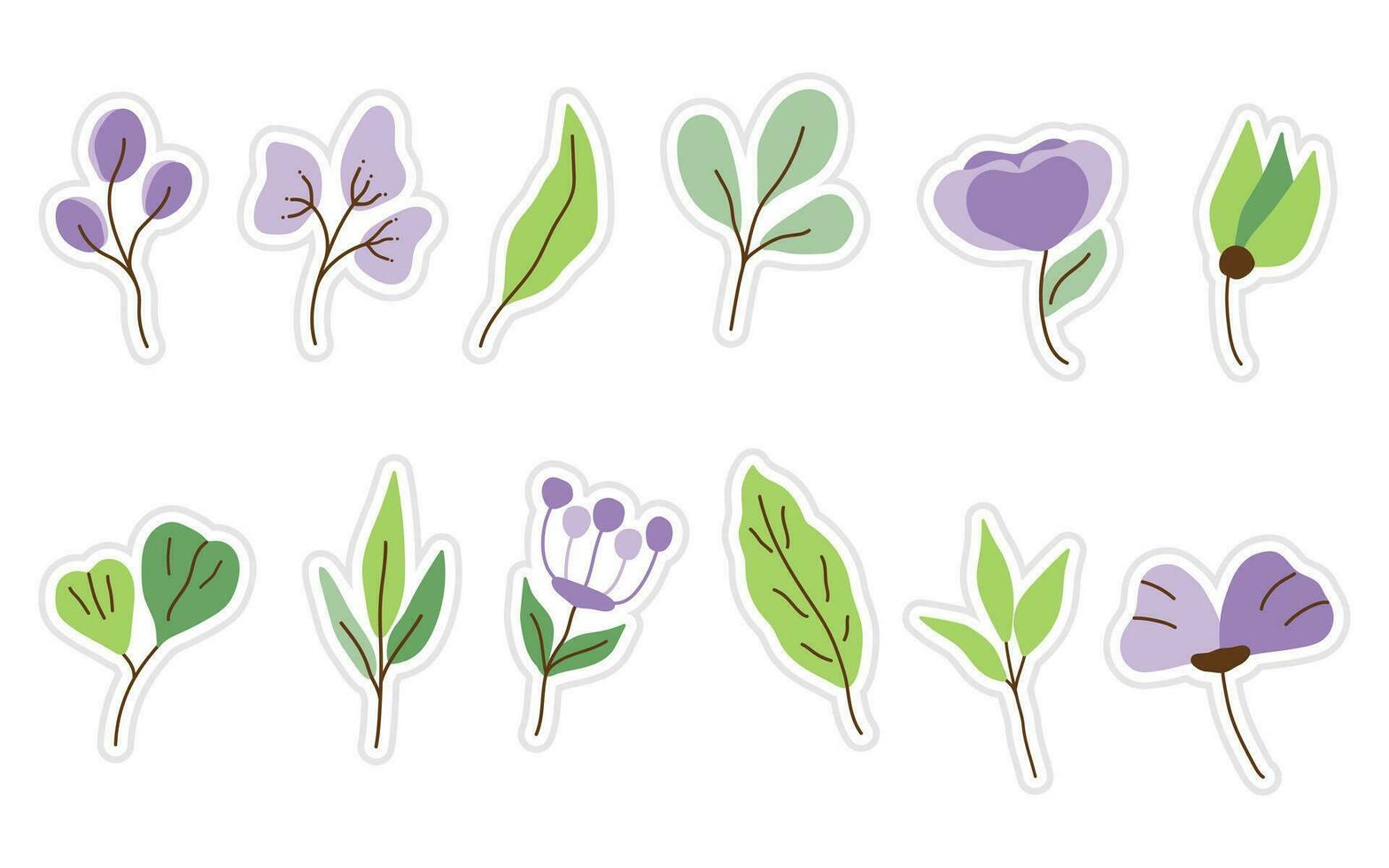 reeks van bloemen, bloemen en blad stickers elementen geïsoleerd Aan een wit achtergrond. voorjaar stickers voor scrapbooken, planner, groet kaart en meer. vector