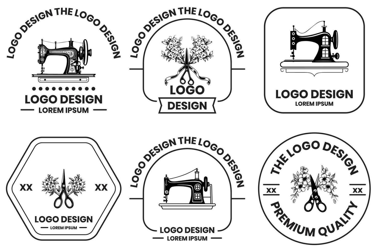 maatwerk en naaien uitrusting winkel logo in vlak lijn kunst stijl vector
