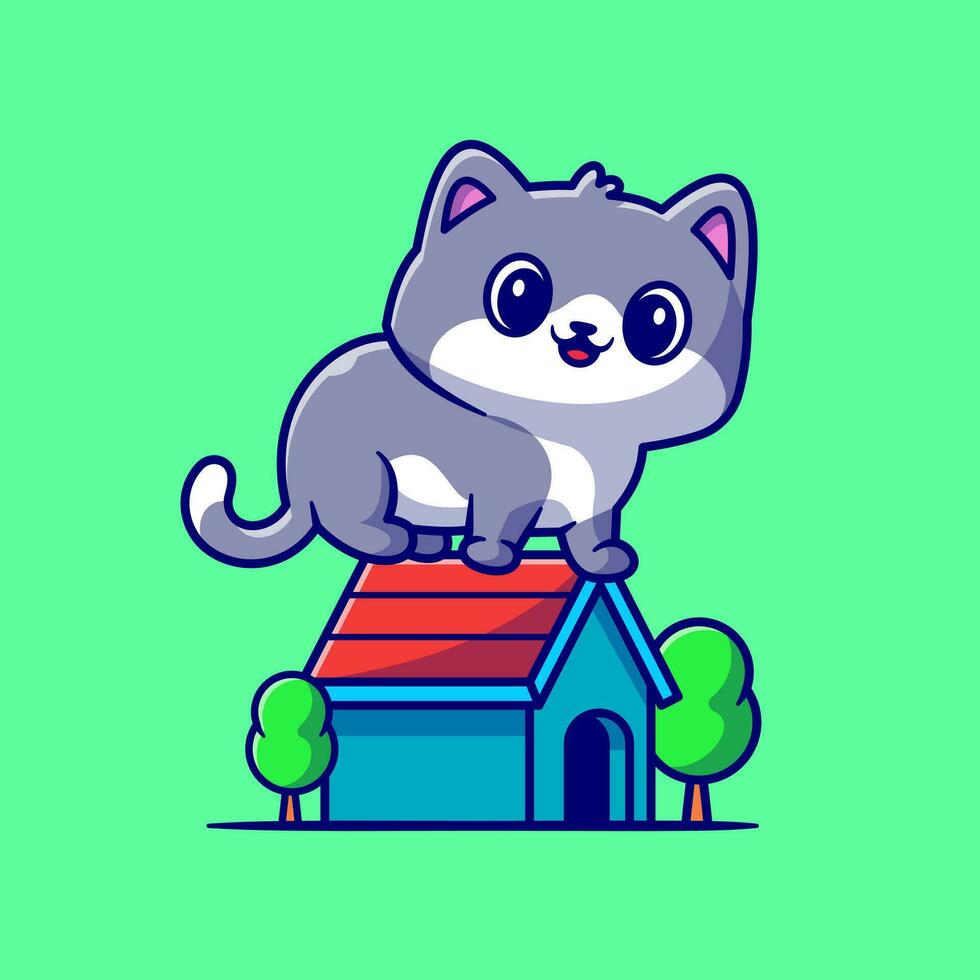 schattige kat zittend op huis cartoon vector pictogram illustratie. dier gebouw pictogram concept geïsoleerde premium vector. platte cartoonstijl