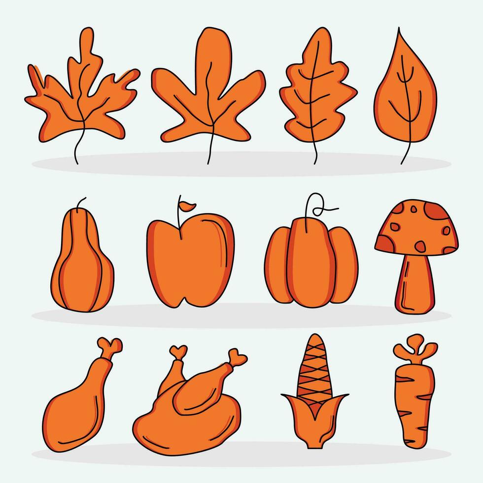 dankzegging icoon set, vector geïsoleerd Aan grijs achtergrond. illustratie ontwerp van bladeren, kip, pompoen, appel, maïs, paddestoel, wortel.