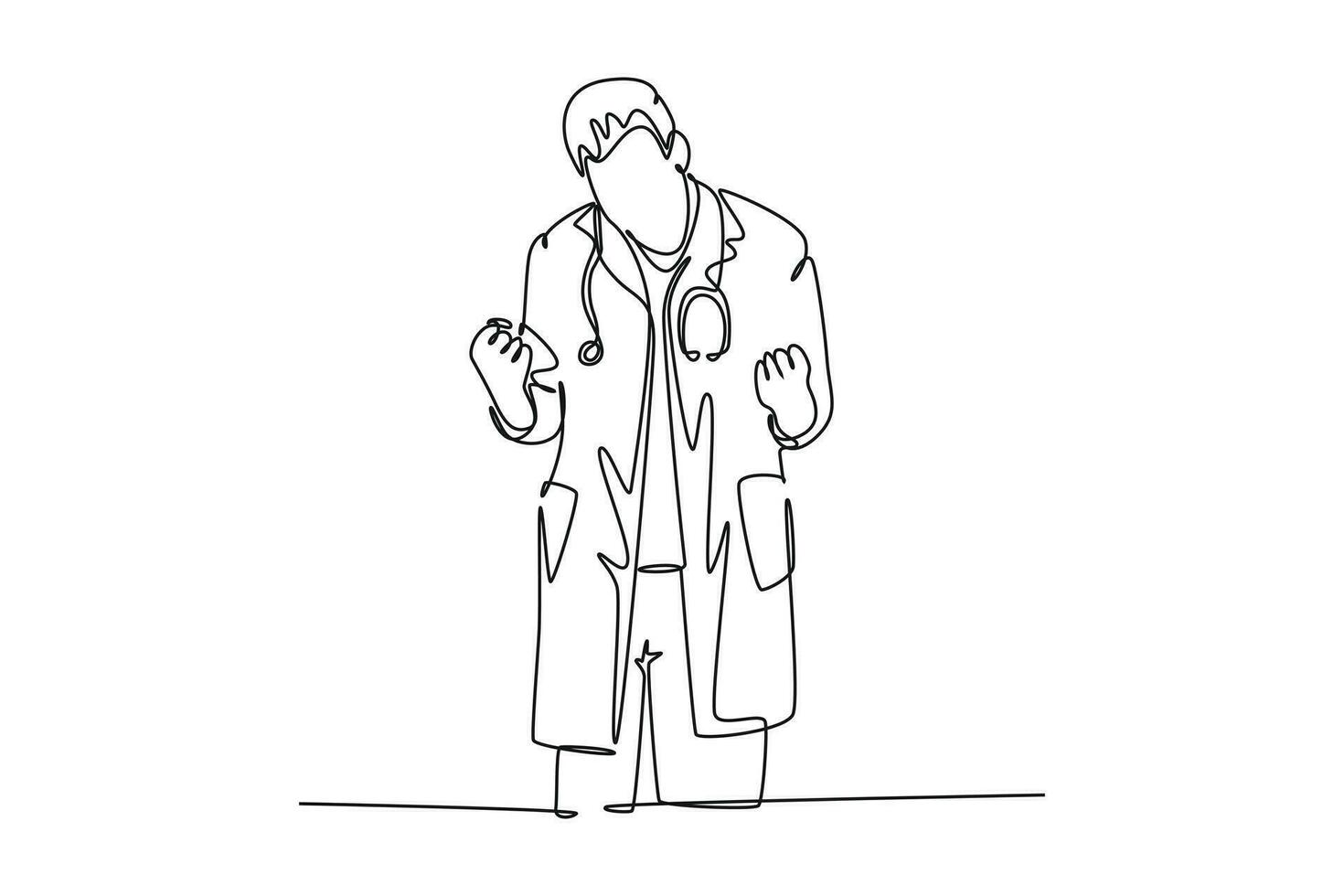 single een lijn tekening jong gelukkig mannetje dokter vuist zijn handen naar de lucht naar vieren zijn succes vind nieuw drugs. medisch Gezondheid zorg concept. doorlopend lijn trek ontwerp grafisch vector illustratie