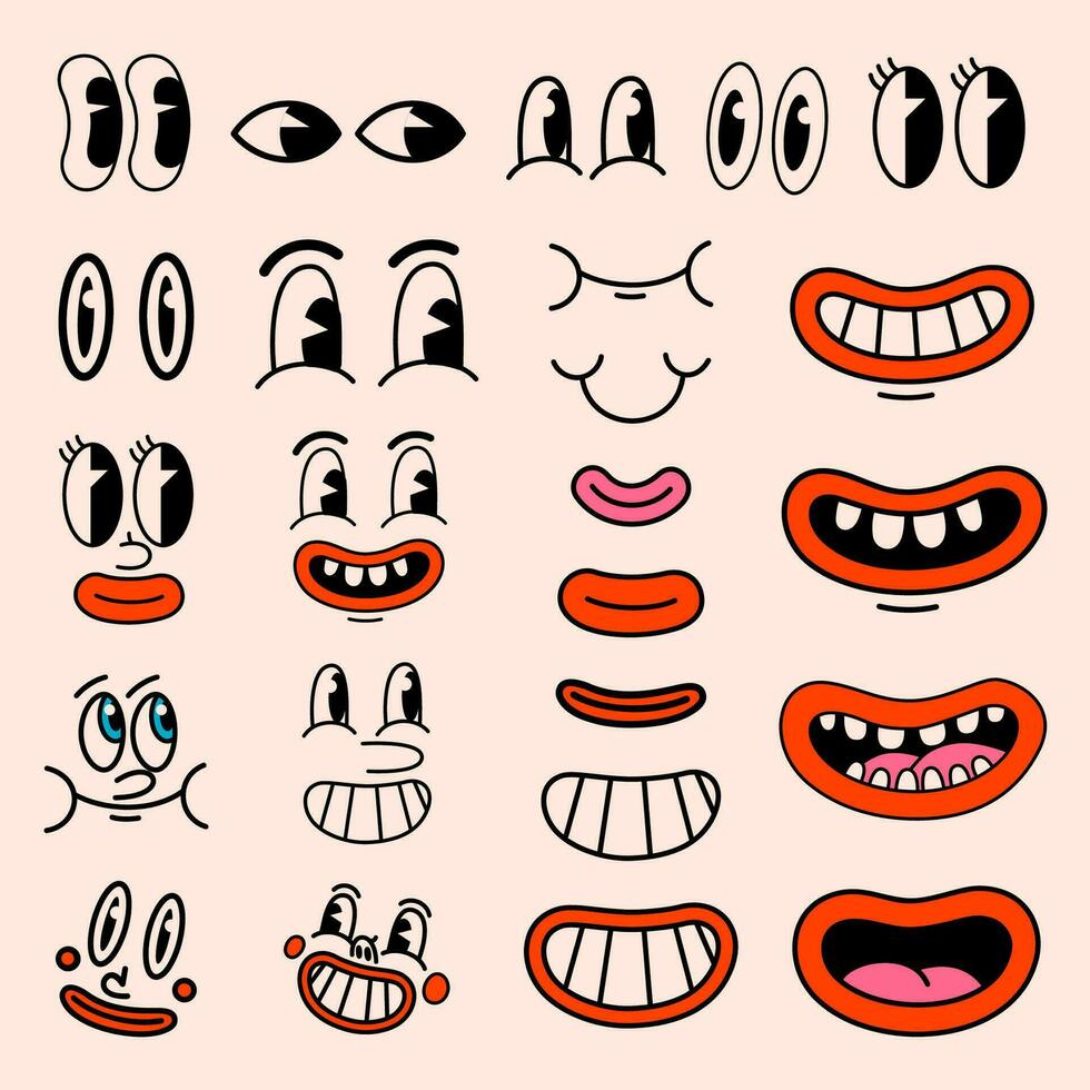 retro tekenfilm tekens grappig gezichten. wijnoogst jaren 50, Jaren 60 grappig ogen en monden elementen. smiley vector gezichten met grappig emoties