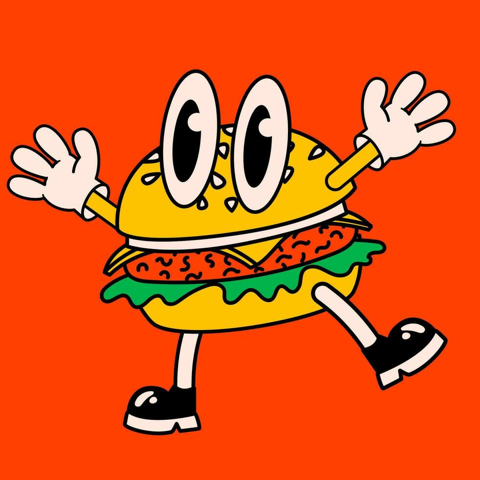 tekenfilm vector grappig grappig hamburger. gek tekenfilms abstract vector verzameling in modieus retro grappig stijl