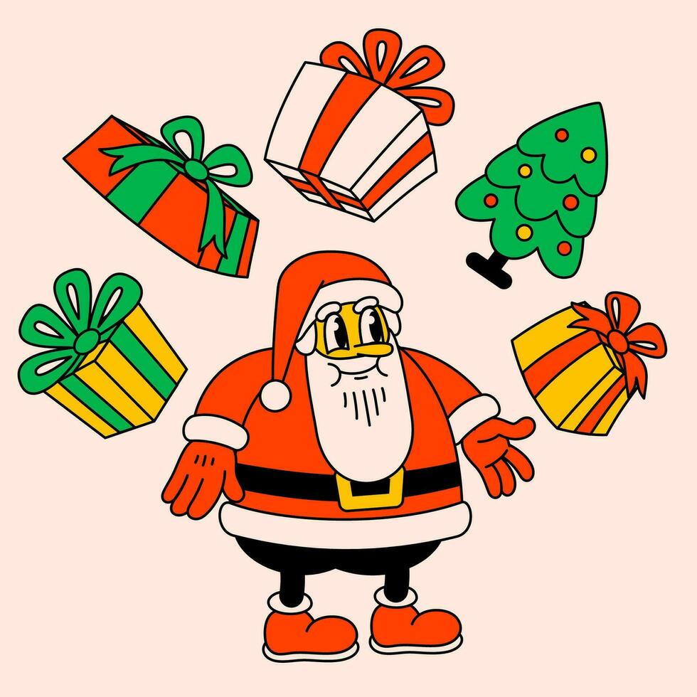 vrolijk Kerstmis en gelukkig nieuw jaar modieus retro tekenfilm karakters. groovy hippie Kerstmis de kerstman claus met geschenken. vector tekenfilm tekens en elementen