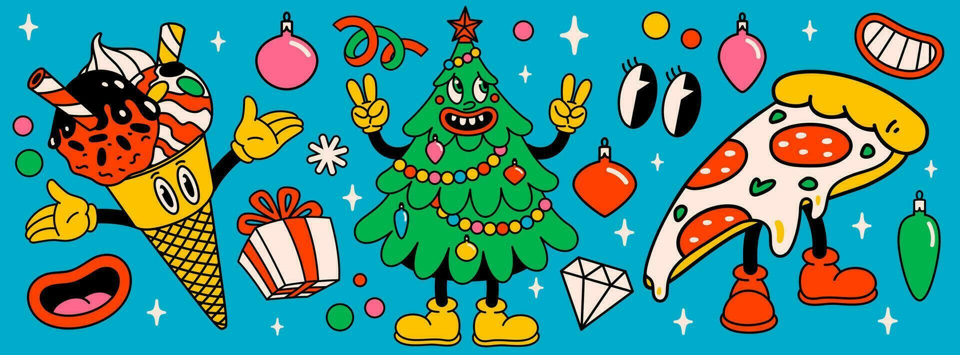 vrolijk Kerstmis en gelukkig nieuw jaar pak van modieus retro tekenfilm tekens vector