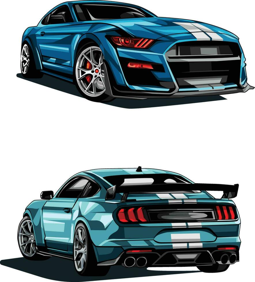 illustratie van een blauw mustang sport- auto met twee wit strepen Aan de kap. allemaal illustraties zijn gemakkelijk naar gebruiken, bewerkbare en gelaagd. vector van een gedetailleerd spier auto geïsoleerd Aan een donker achtergrond