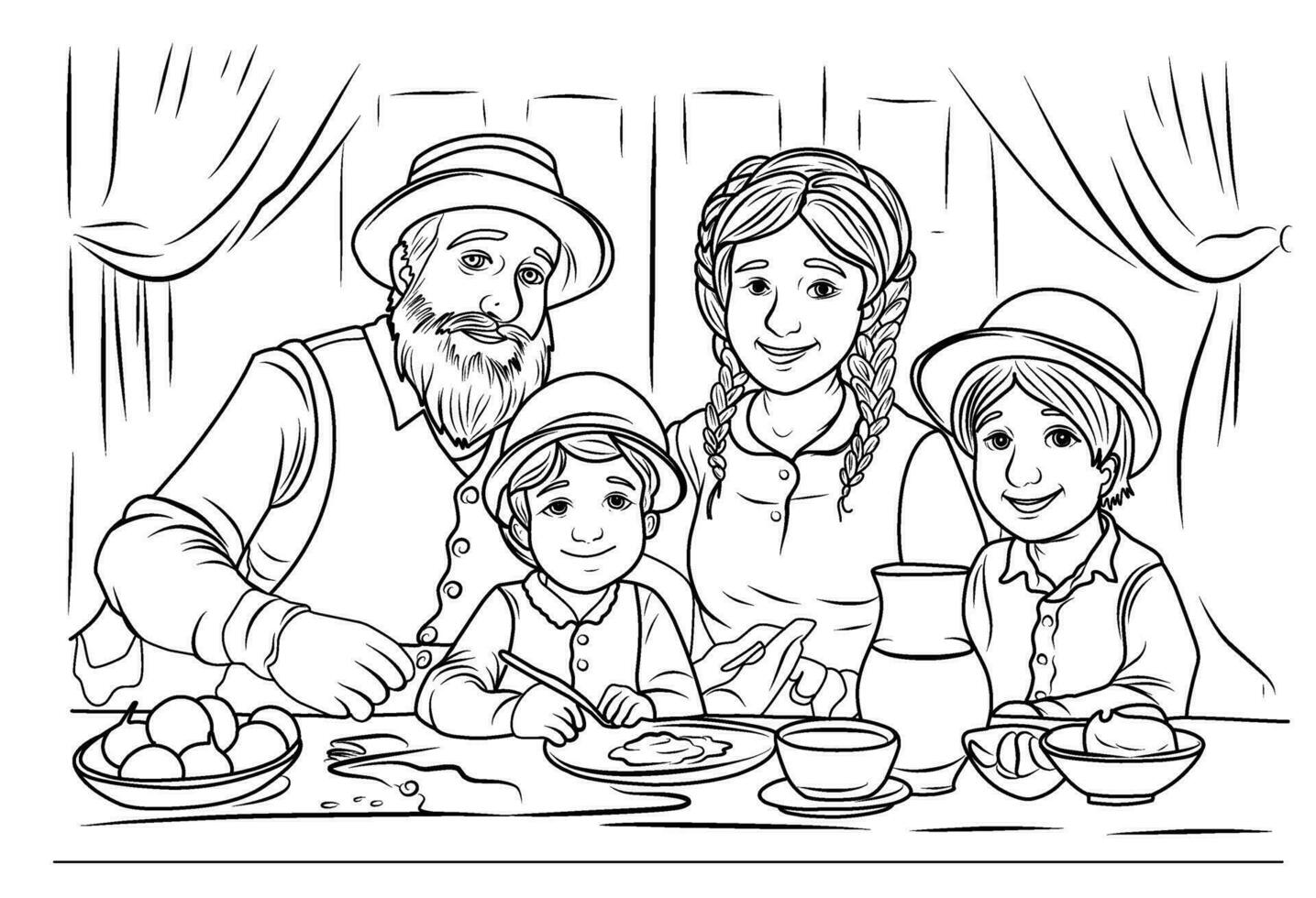 Joods familie vieren Joods nieuw jaar.shana tova.eenvoudig lijn illustratie voor kleur Rosh hasjana.kleuring bladzijde. vector