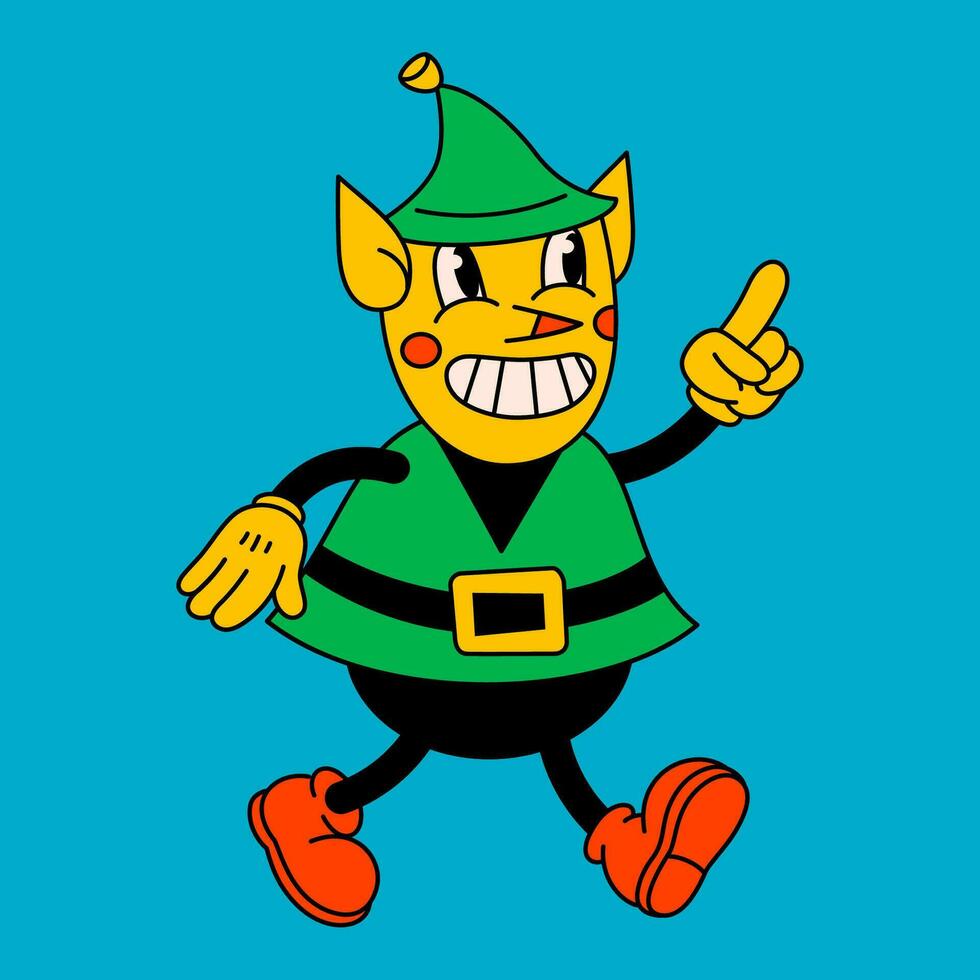 vrolijk Kerstmis en gelukkig nieuw jaar modieus retro tekenfilm karakters. groovy hippie Kerstmis santas elf. vector tekenfilm tekens en elementen