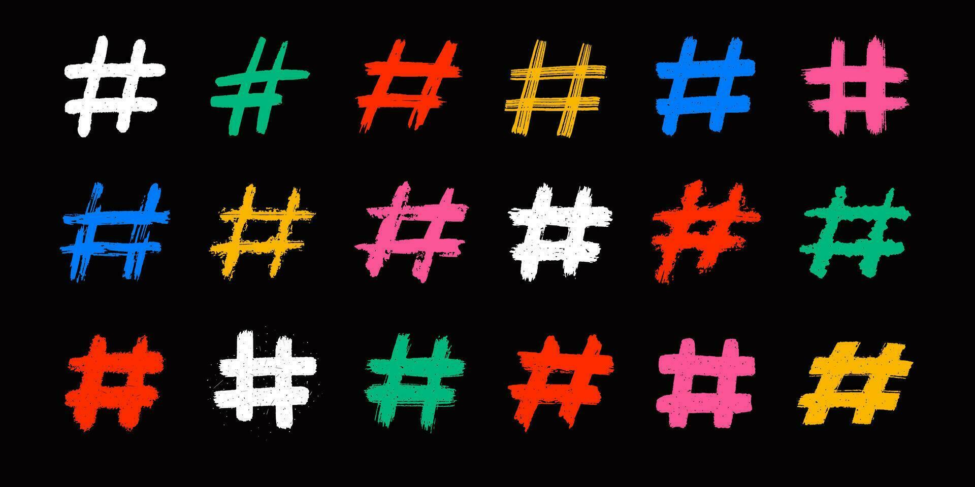 hashtags, vector inkt geschilderd label pictogrammen Aan wit achtergrond. hand- getrokken vector illustratie