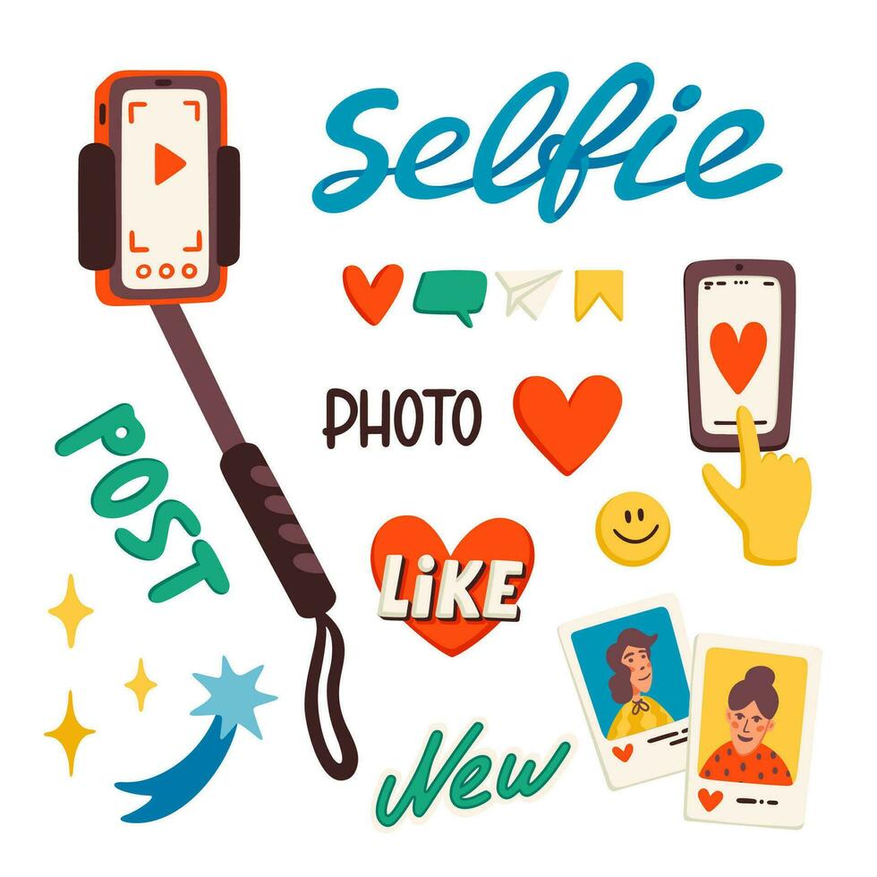 selfie stok, en stickers voor maken een blog of vlog vector illustratie. tekenfilm pictogrammen voor maken internet inhoud vector vlak illustratie