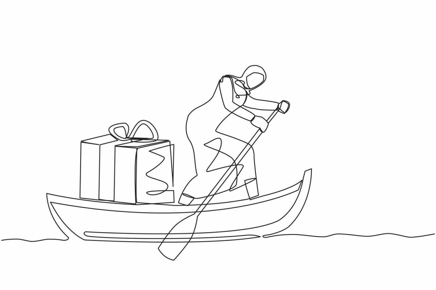 single een lijn tekening Arabisch zakenvrouw staand in boot en het zeilen met geschenk doos. geven prijzen naar uitstekend medewerkers. waardering van bedrijf. doorlopend lijn ontwerp vector illustratie