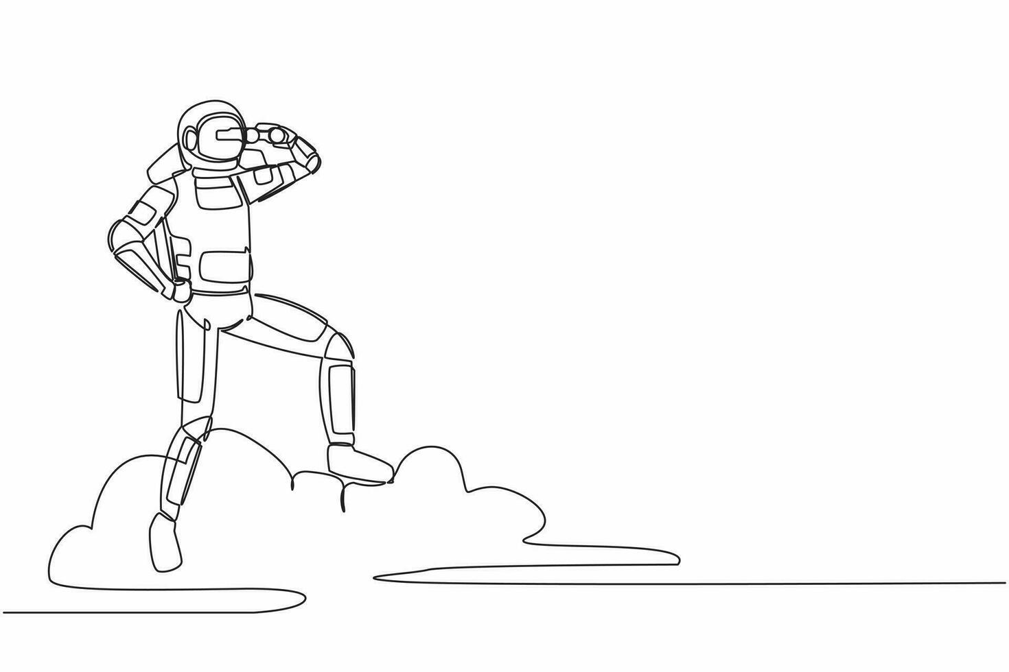 single een lijn tekening jong astronaut Aan wolk Holding verrekijker naar zoeken voor ruimteschip bedrijf innovatie projectie. kosmisch heelal ruimte. doorlopend lijn trek grafisch ontwerp vector illustratie