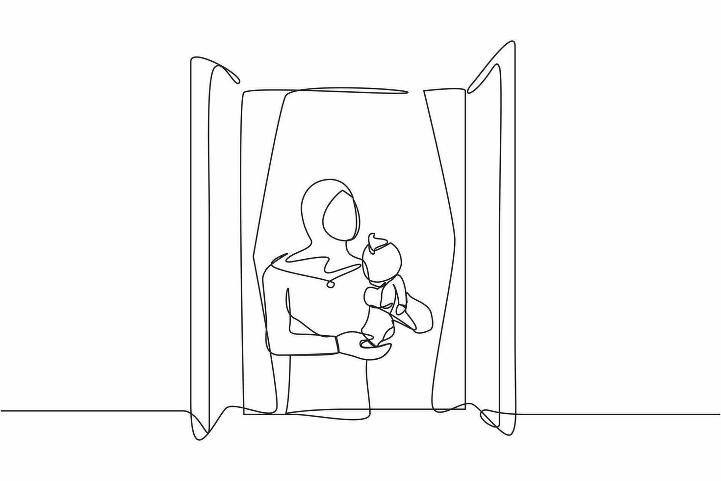 single doorlopend lijn tekening Arabisch vrouw Holding pasgeboren baby in de buurt venster. kind leugens Aan in mama's armen. vrouw nemen zorg van kind. moeder Aan moederschap laten staan. een lijn trek ontwerp vector illustratie