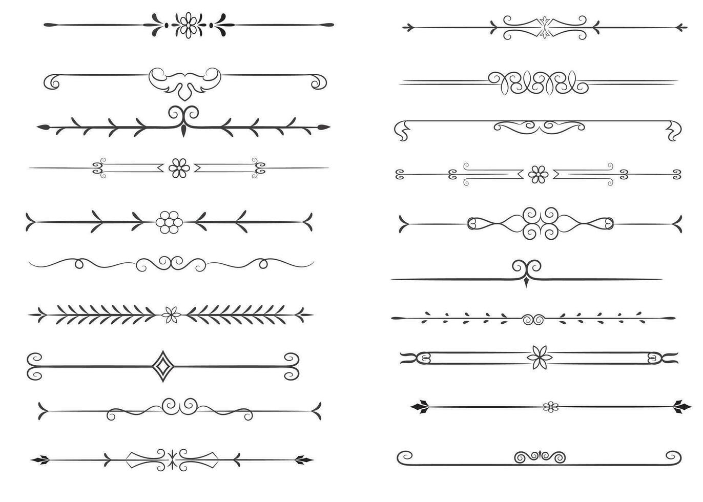 bladzijde verdeler en ontwerp elementen. reeks van divers gemakkelijk zwart verdeler ontwerp, geassorteerd verdeler verzameling sjabloon vector. verzameling van bloemen verdelers elementen mega decoratie voor kalligrafie. vector