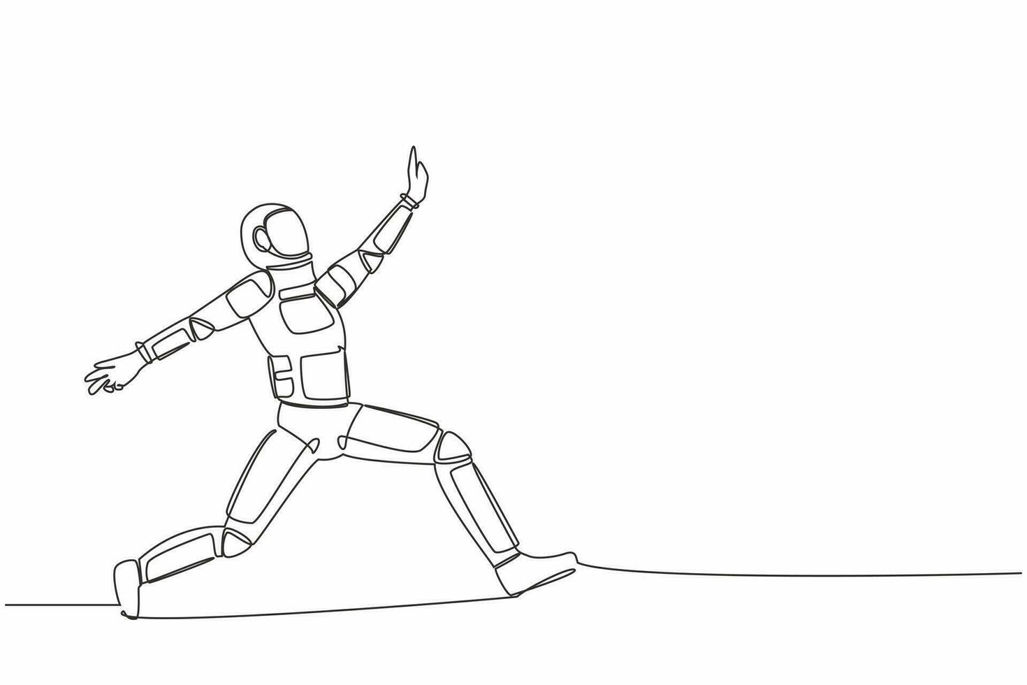 single doorlopend lijn tekening gelukkig astronaut jumping met verspreiding beide been en verhogen een hand. vieren geslaagd ruimteschip missie. kosmonaut diep ruimte. een lijn trek ontwerp vector illustratie