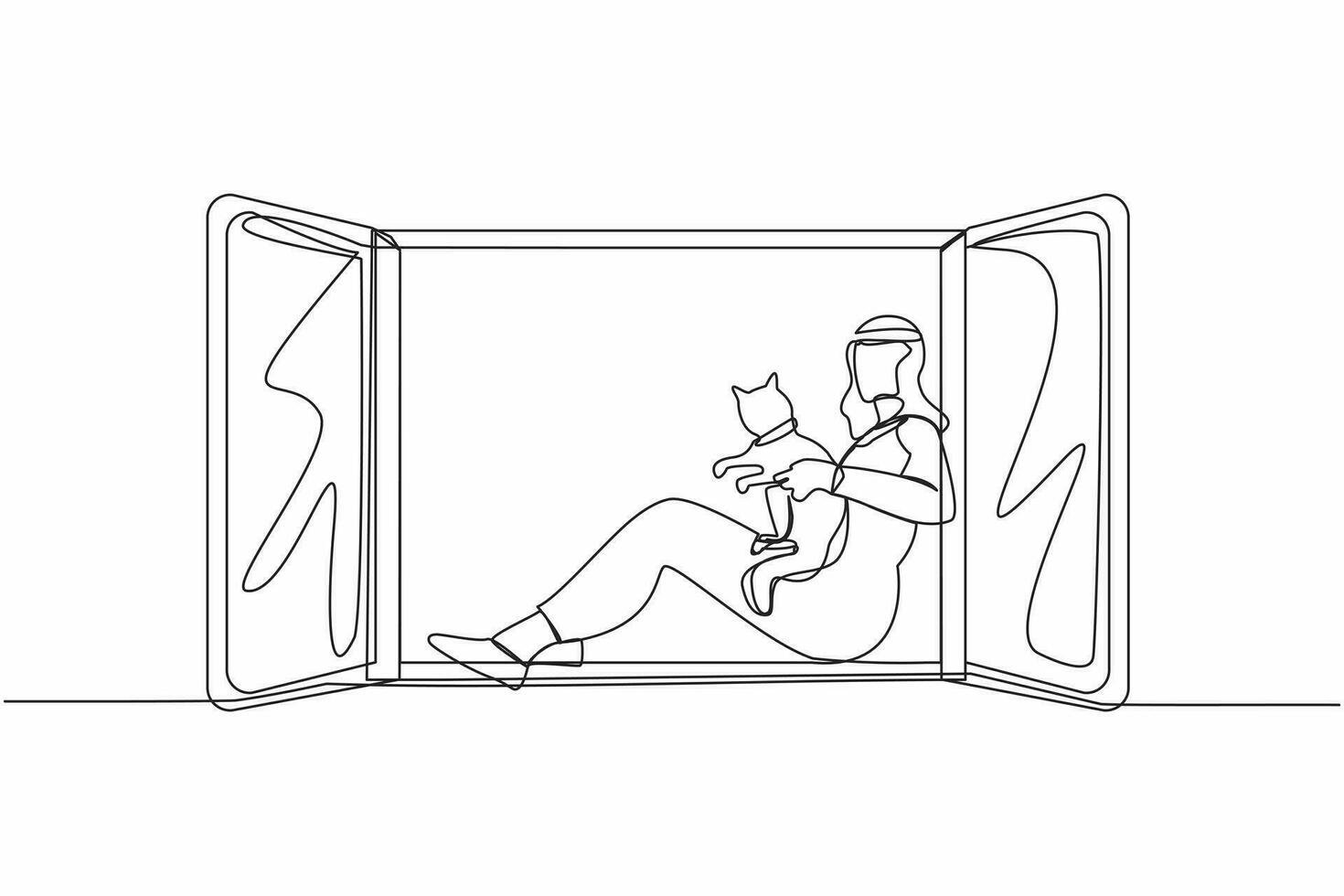 single een lijn tekening ontspannen Arabisch mannetje met kat zittend in vensterbank. gelukkig Mens met zijn huisdier, levensstijl, communicatie, vriendschap sociaal concept. doorlopend lijn trek ontwerp vector illustratie