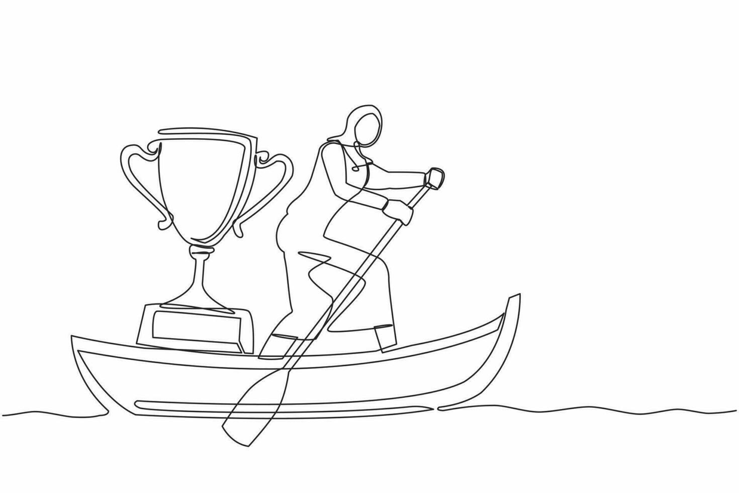 single doorlopend lijn tekening Arabisch zakenvrouw staand in boot en het zeilen met trofee. water sport- wedstrijd. het zeilen kampioenschap herkenning prijs. een lijn trek ontwerp vector illustratie