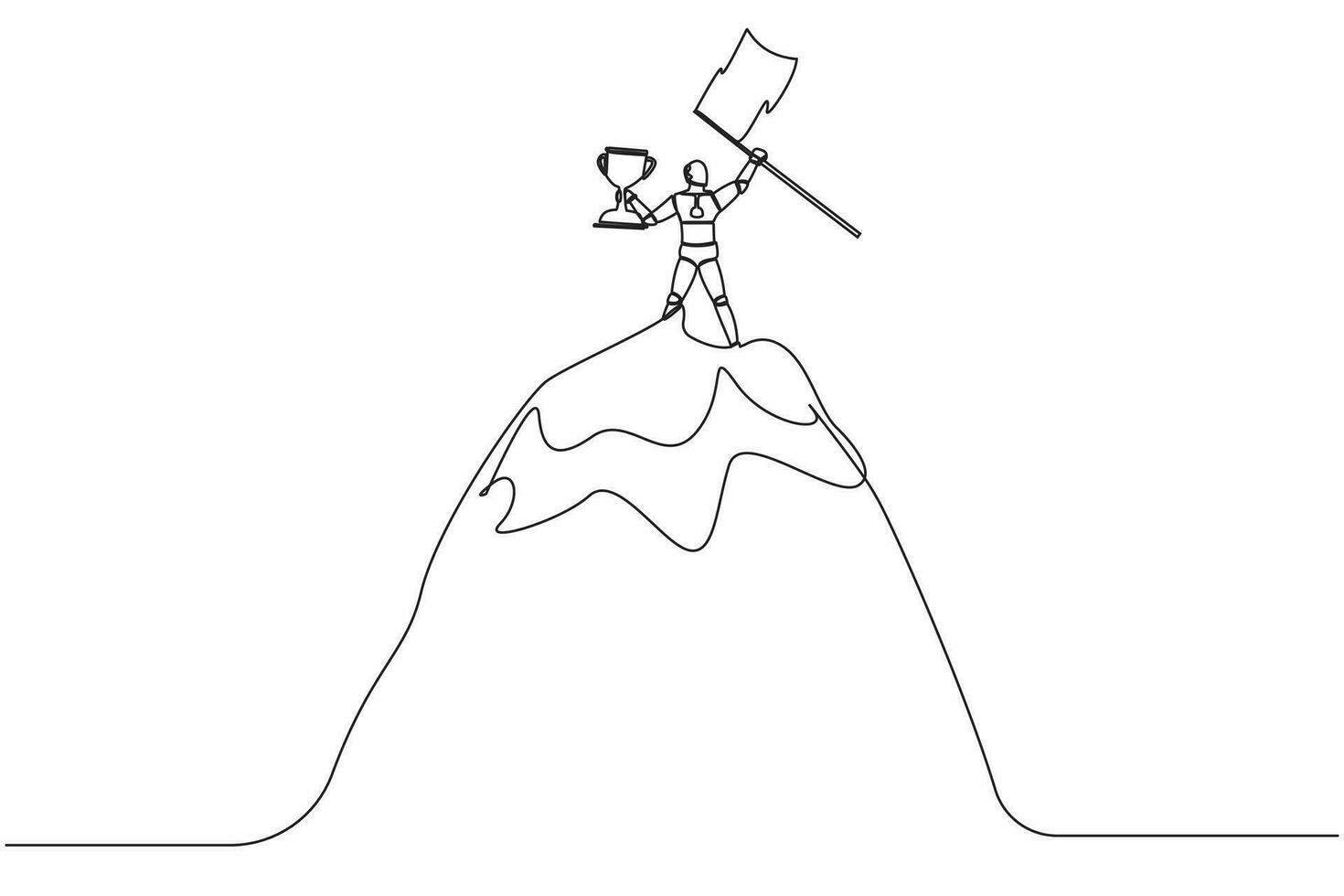 single doorlopend lijn tekening robot hijs- omhoog trofee en vlag Aan top van berg. winnaar, bereiken doel. robot kunstmatig intelligentie. technologie industrie. een lijn trek ontwerp vector illustratie