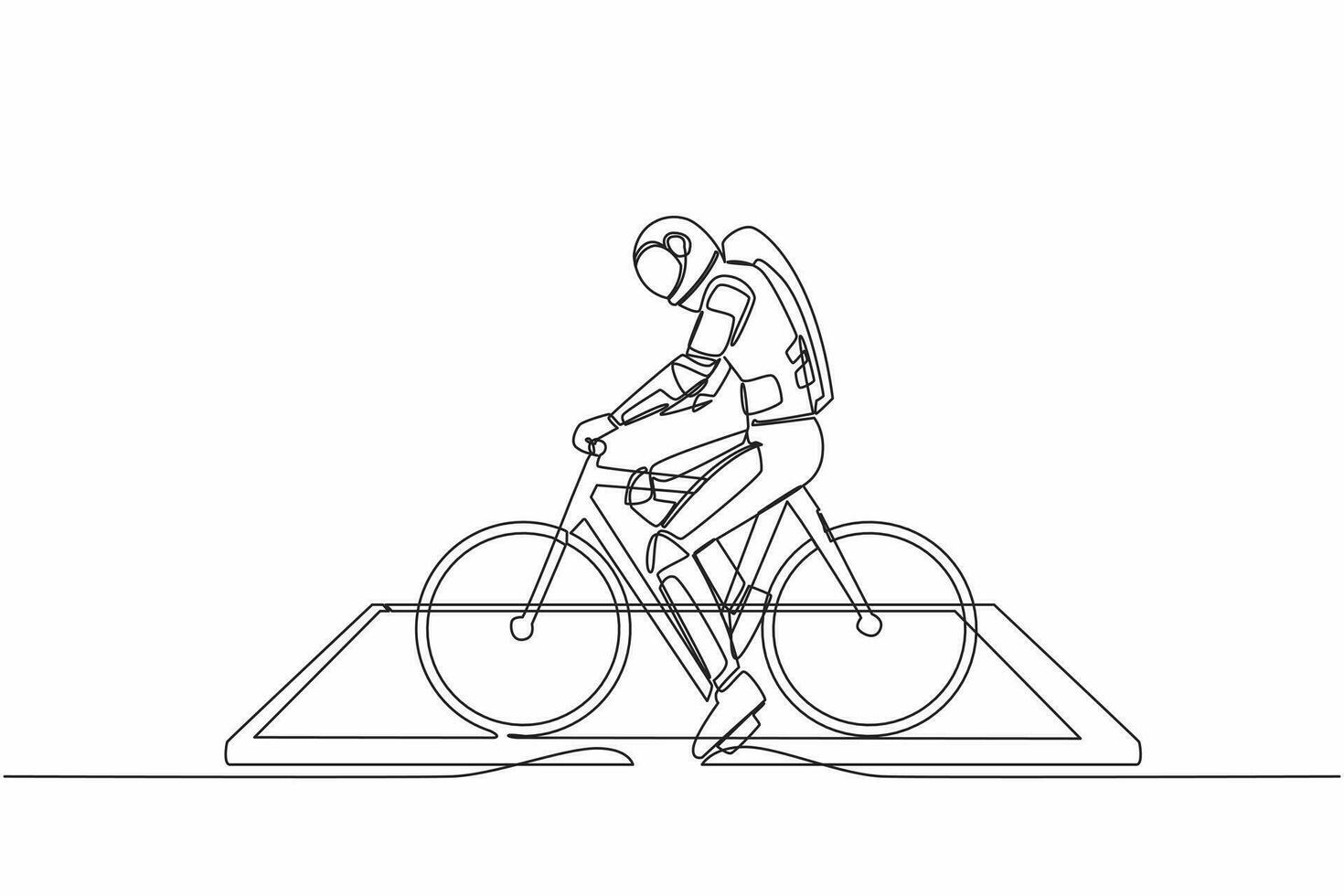 single doorlopend lijn tekening jong astronaut vervelend helm, rijden fiets Aan smartphone scherm. virtueel fiets voor cardio opleiding. kosmonaut diep ruimte. een lijn trek ontwerp vector illustratie