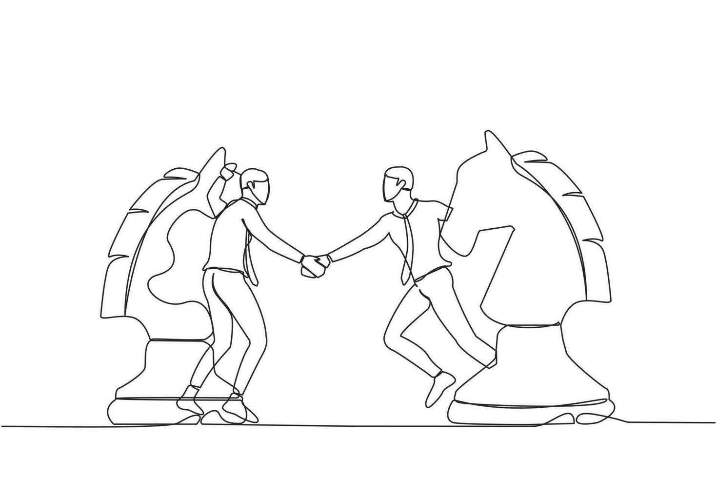 doorlopend een lijn tekening zakenman concurrenten staand Aan paard schaak deel, handenschudden na af hebben overeenkomst. onderhandeling strategie, win-win situatie. single lijn ontwerp vector illustratie