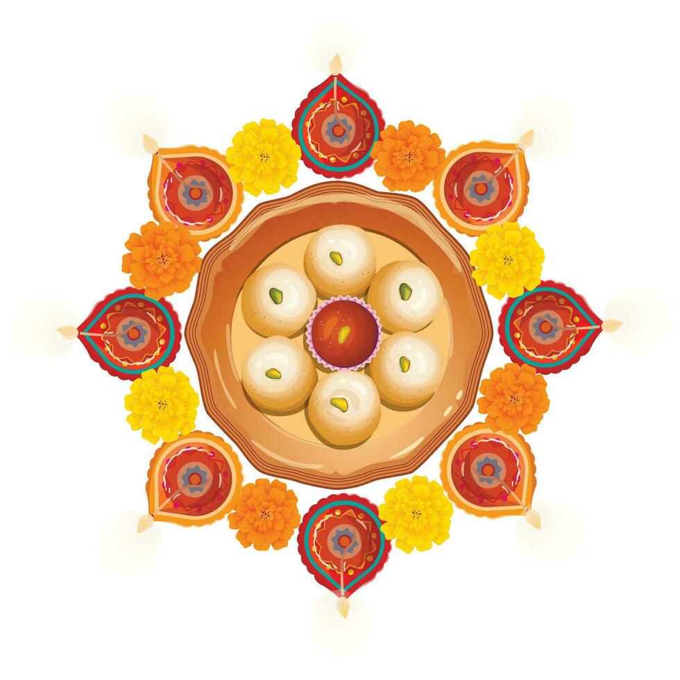 illustratie van brandend diya en goudsbloem bloemen met peda en gulab jamun Indisch zoet voor licht festival van Indië. diwali vakantie achtergrond vector