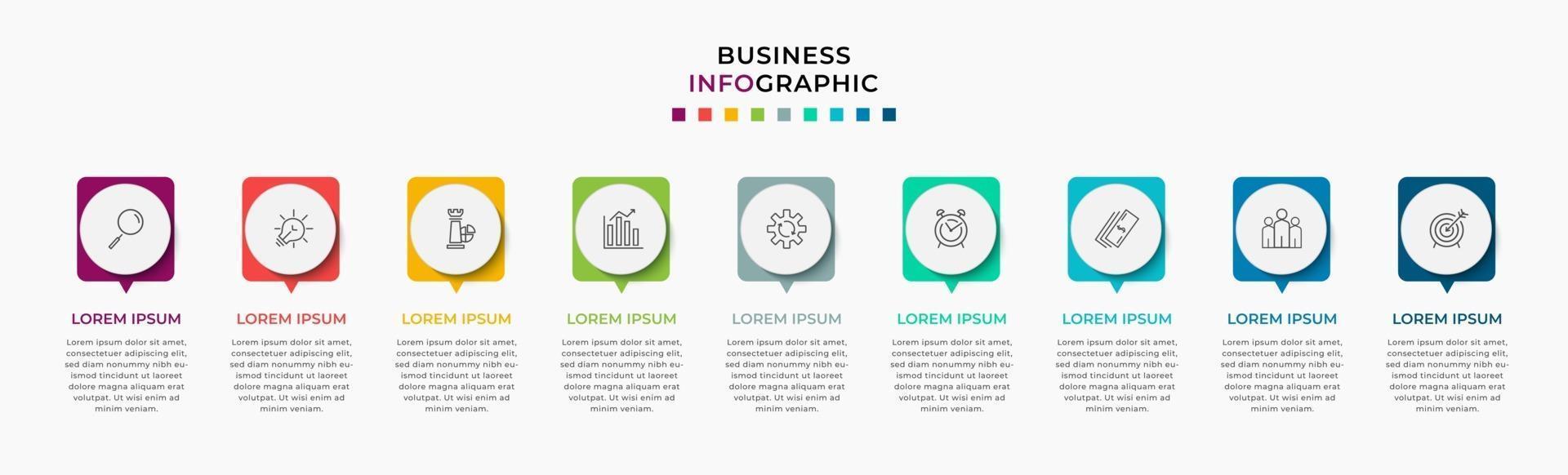 infographic zakelijke ontwerpsjabloon met pictogrammen en 9 opties of stappen vector