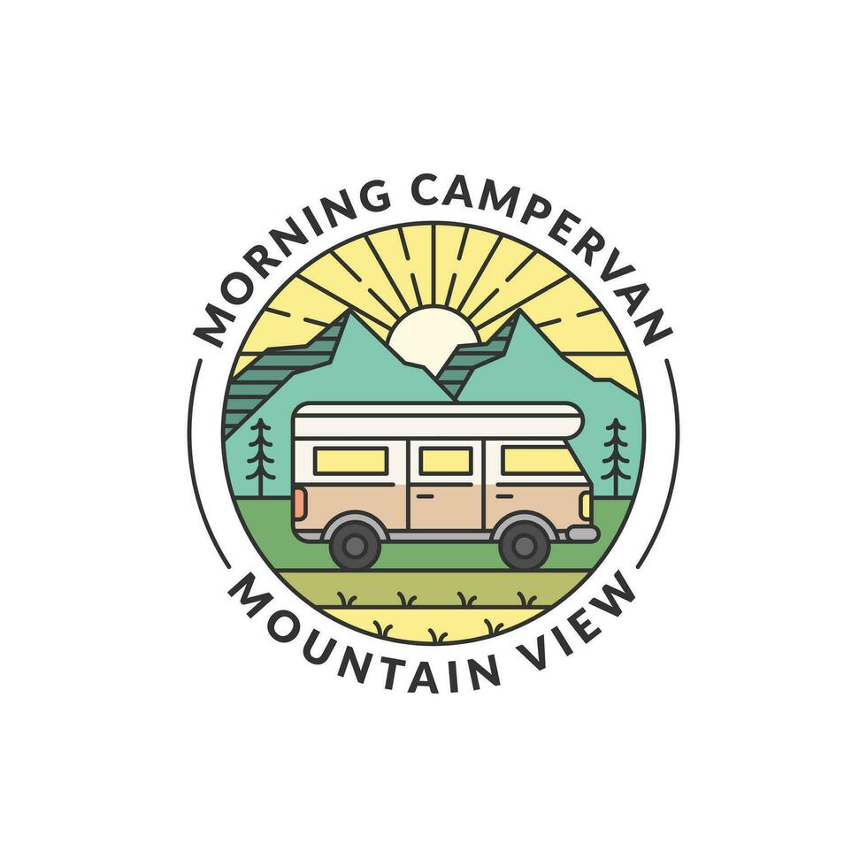 ochtend- berg en camper busje insigne monoline of lijn kunst stijl vector illustratie