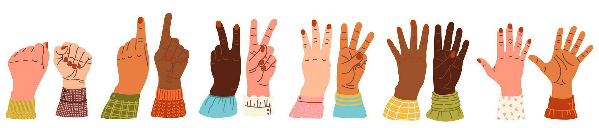 handen graaf, tellen Aan de vingers hand- gebaar vector illustratie geïsoleerd. getallen Aan de handen. hand- vlekken. verschillend nationaliteiten races verschillend maatschappij tekenfilm stijl