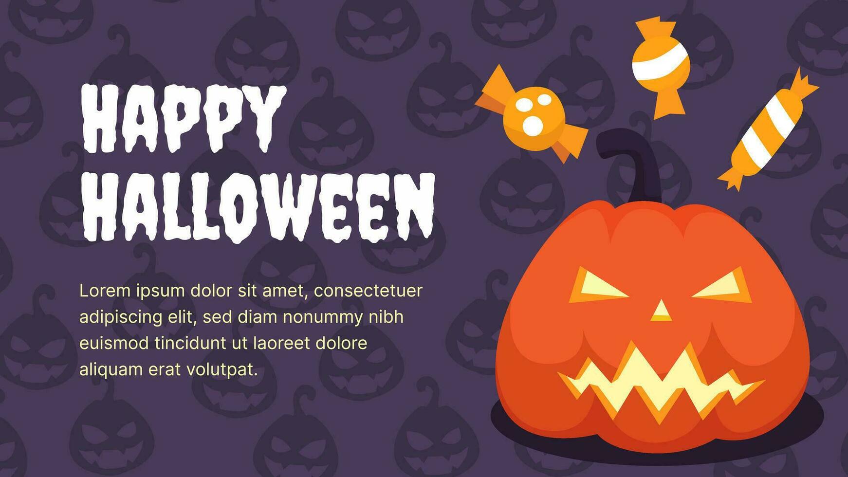 gelukkig halloween Purper achtergrond en spandoek. vliegend oranje snoep en halloween pompoen. vector illustratie achtergrond met kopiëren ruimte Oppervlakte.