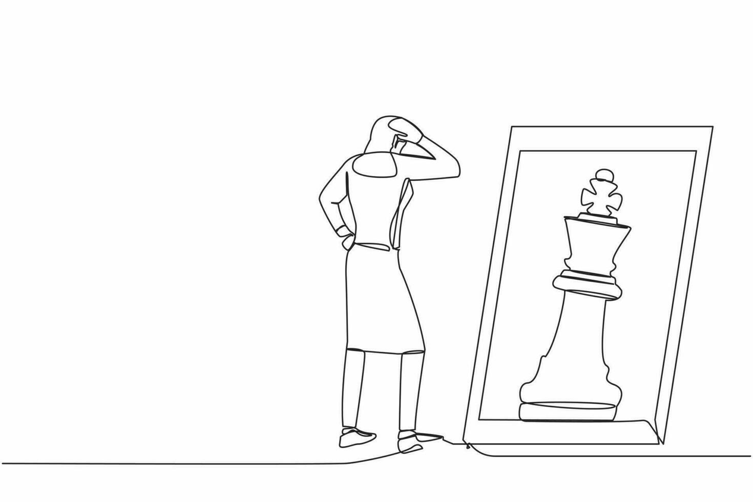 single een lijn tekening jong zakenvrouw staand in voorkant van spiegel, reflecterend schaak koning. metafoor van vertrouwen. succes bedrijf, mogelijkheden. doorlopend lijn ontwerp trek vector illustratie