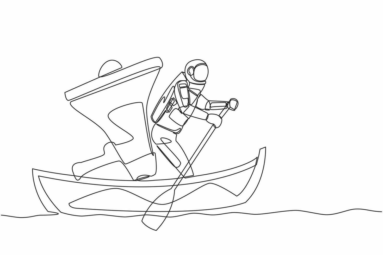 single doorlopend lijn tekening jong astronaut het zeilen weg Aan boot met megafoon. commando controle kamer voor ruimte missie analyse. kosmonaut diep ruimte. een lijn grafisch ontwerp vector illustratie