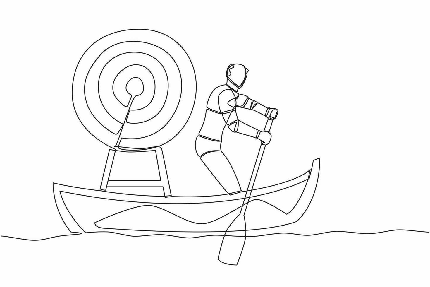 single een lijn tekening staand slim robot in boot en het zeilen met pijl doelwit bord Aan zee. moeilijk werk bereiken bedrijf visie en missie en. doorlopend lijn trek ontwerp vector illustratie