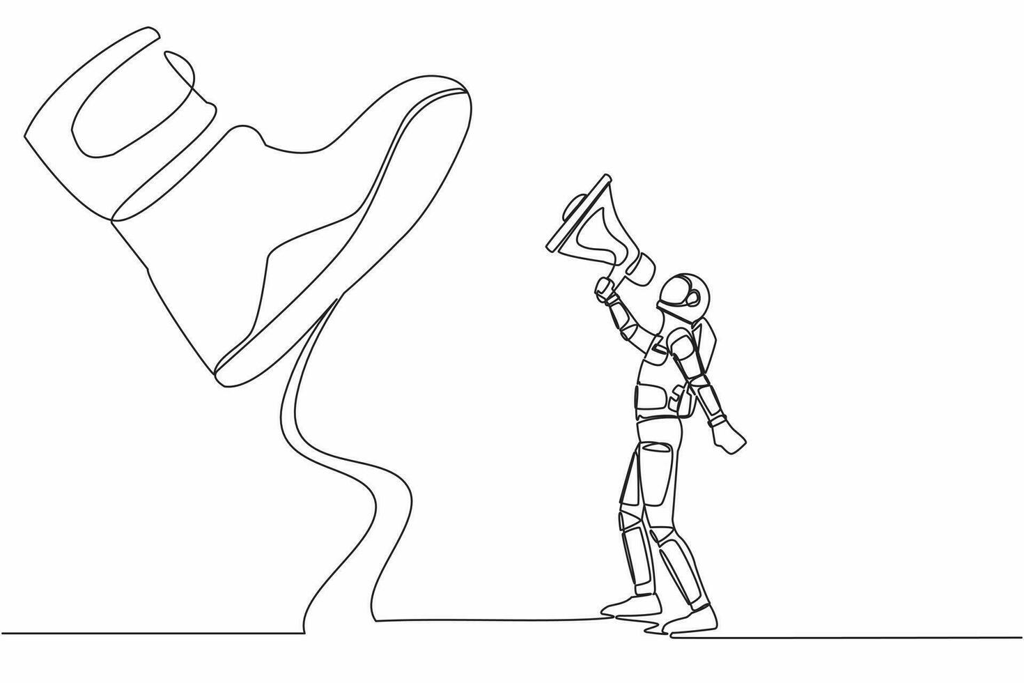 single een lijn tekening van jong astronaut sprekend met megafoon onder reusachtig schoen. bagageruimte van leger machine stepping Aan ruimtevaarder. kosmisch heelal ruimte. doorlopend lijn grafisch ontwerp vector illustratie