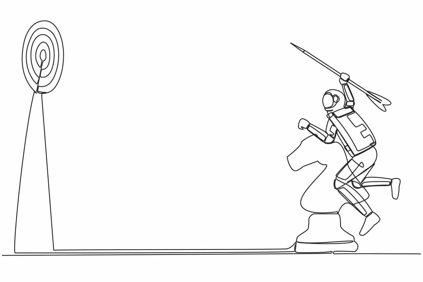 single een lijn tekening van jong astronaut Holding reusachtig pijl en gericht op dartbord terwijl rijden schaak paard ridder deel. kosmisch heelal ruimte. doorlopend lijn trek grafisch ontwerp vector illustratie