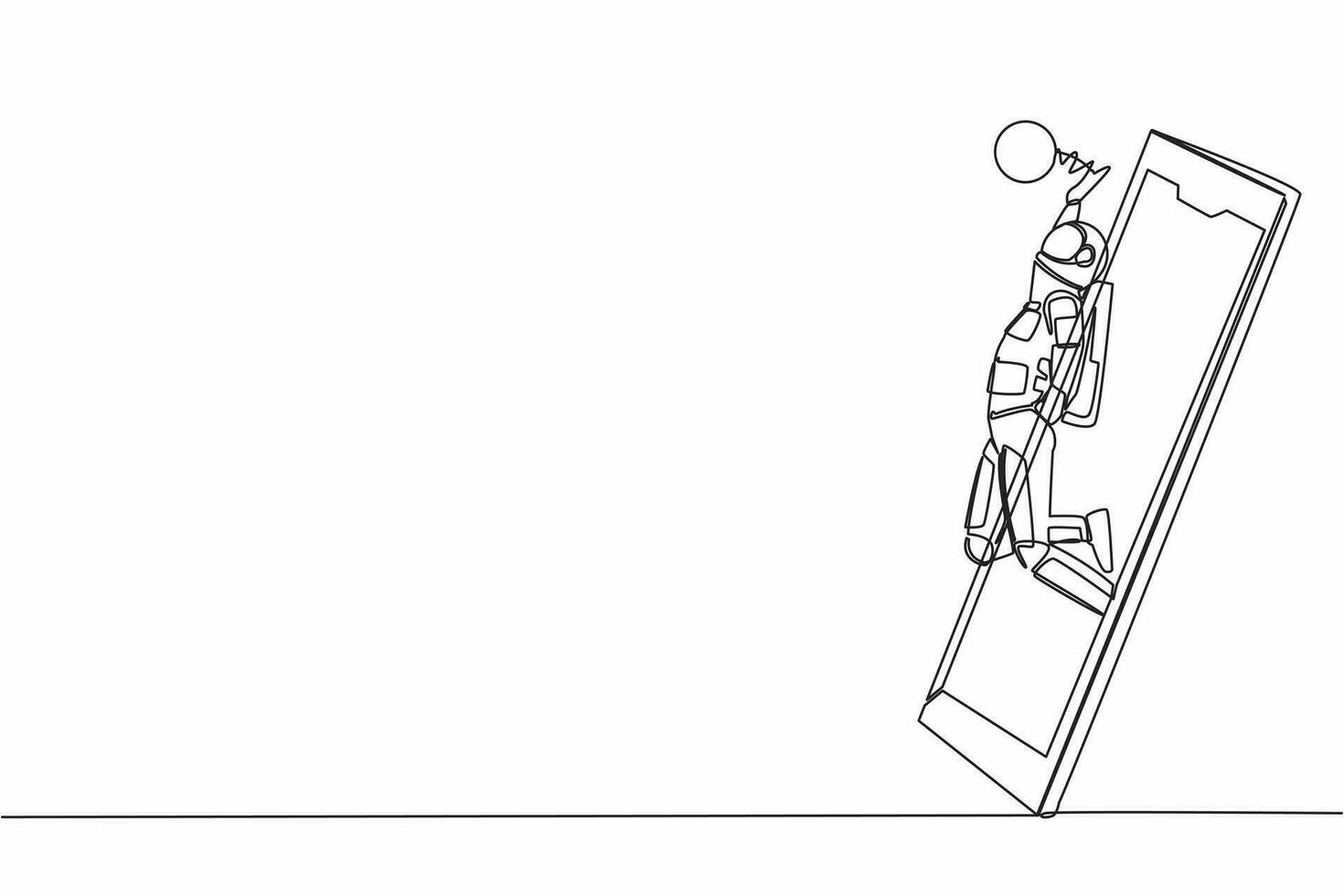 single doorlopend lijn tekening van jong astronaut volleybal atleet speler in actie jumping piek krijgen uit van smartphone scherm. kosmonaut diep ruimte. een lijn grafisch ontwerp vector illustratie