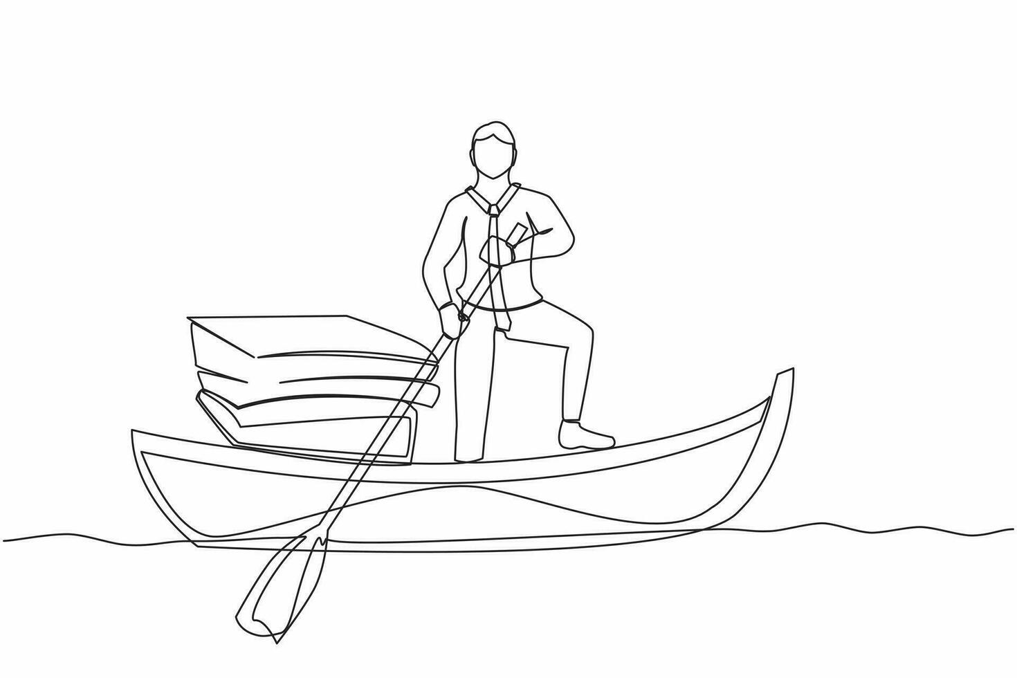 single een lijn tekening zakenman staand in boot en het zeilen met stapel van papieren. manager ontsnappen van stack van documenten, papierwerk, overwerkt. doorlopend lijn grafisch ontwerp vector illustratie