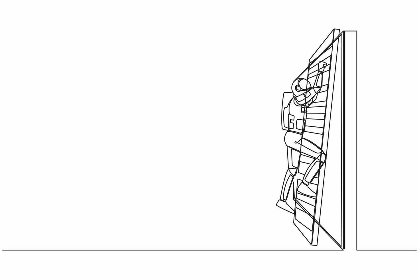 doorlopend een lijn tekening van astronaut beklimming omhoog de muur met ladder in maan oppervlak. ruimteschip expeditie bedrijf obstakel. kosmonaut buitenste ruimte. single lijn grafisch ontwerp vector illustratie