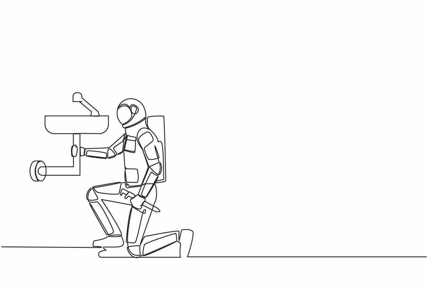 single doorlopend lijn tekening astronaut loodgieter reparatie wastafel in badkamer en loodgieter pijpen. ruimtevaarder vermogen naar reparatie in werking systeem. kosmonaut diep ruimte. een lijn trek ontwerp vector illustratie