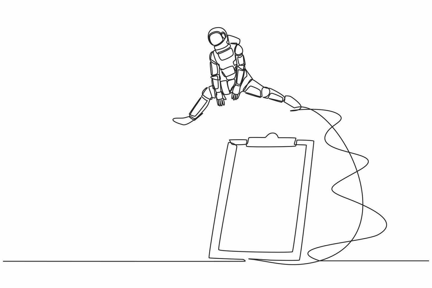 single doorlopend lijn tekening astronaut jumping over- klembord. checklist ruimte expeditie enquête toepassing papier lakens document. kosmonaut diep ruimte. een lijn grafisch ontwerp vector illustratie